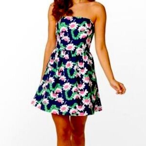 LILLY PULITZER Blue Pink Floral Yum Yum Caterpillar Lottie Strapless Dress Sz 00